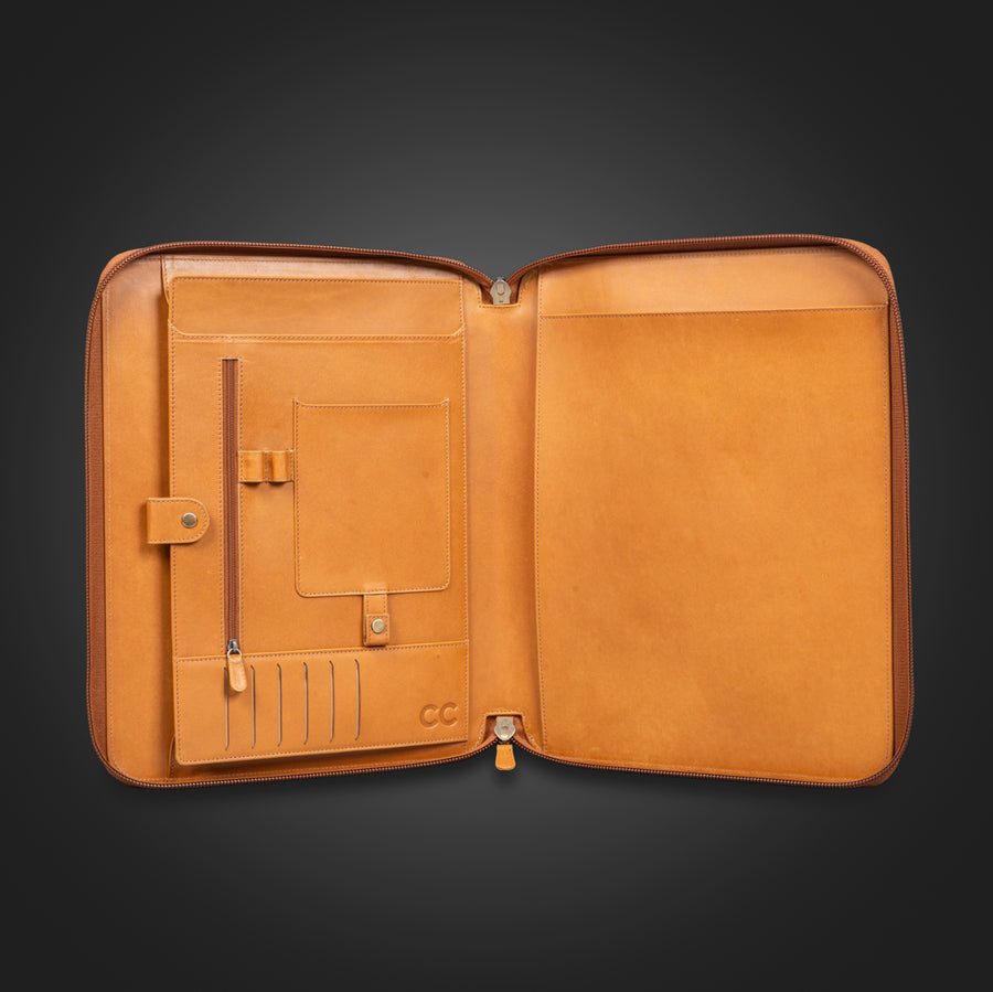 Tan Compendium Co. folder open showing clean internal layout and card slots